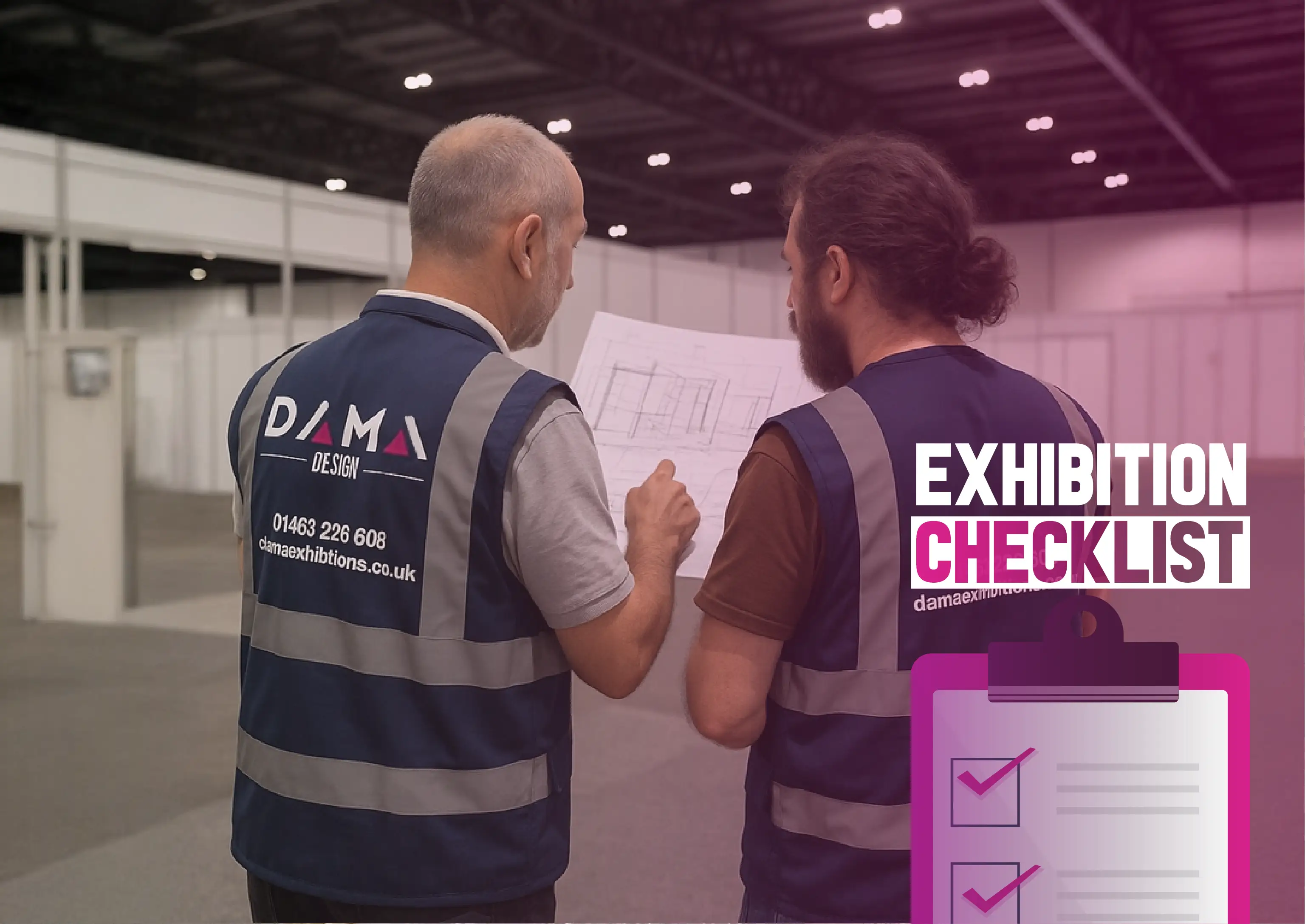 two expo stand builders in blue hi-viz vests discussing