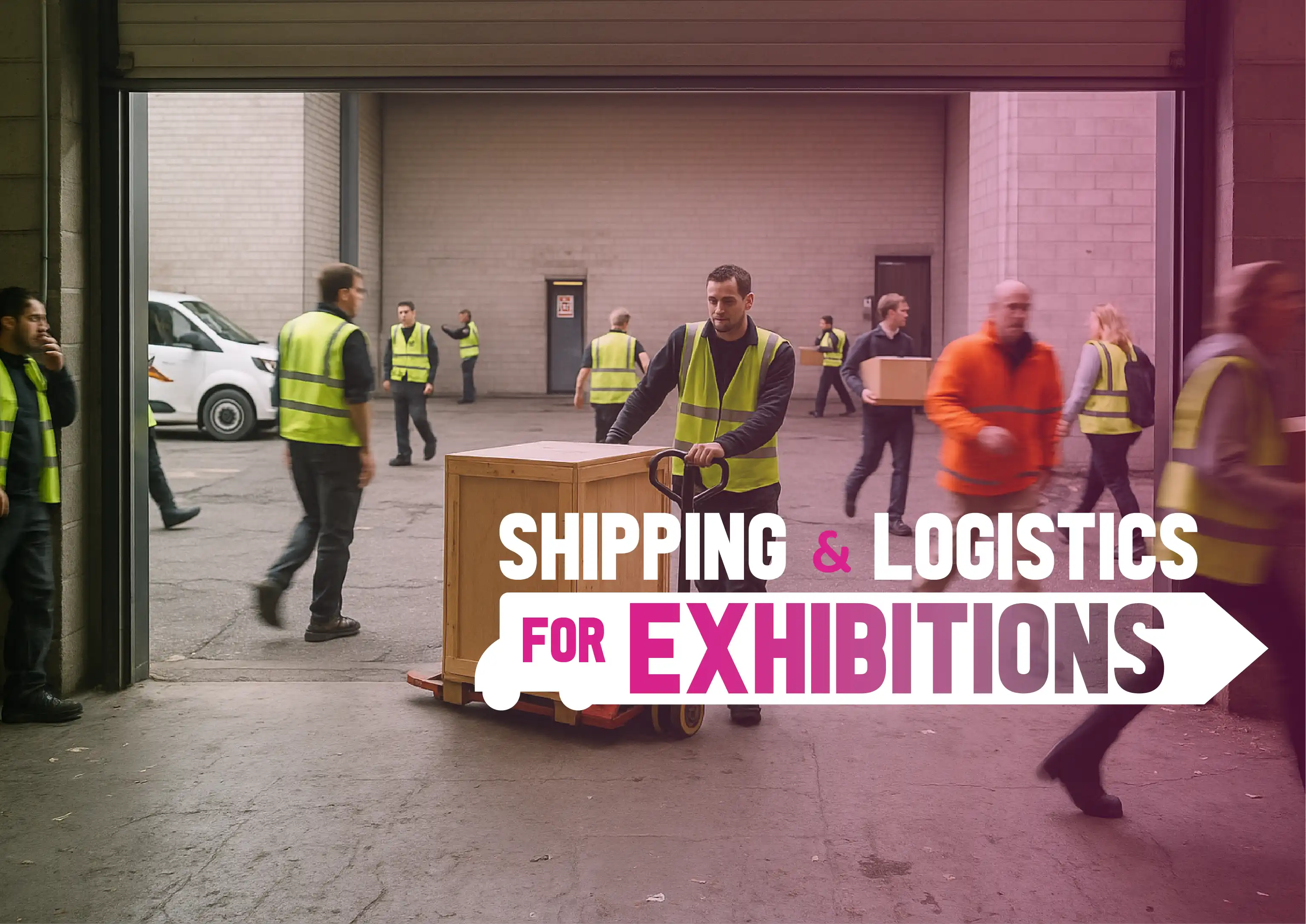 people in hi-viz vests walking around carrying things and pulling a pup truck in a venue