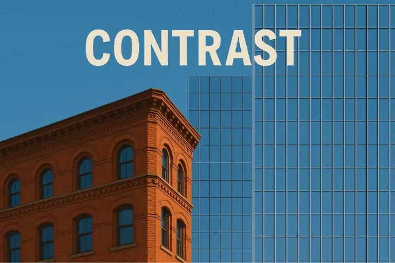 contrast descriptive image of an old building and a modern