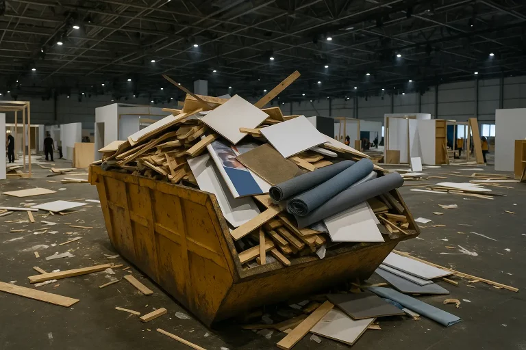 image of a skip full of rubbish in an expo hall