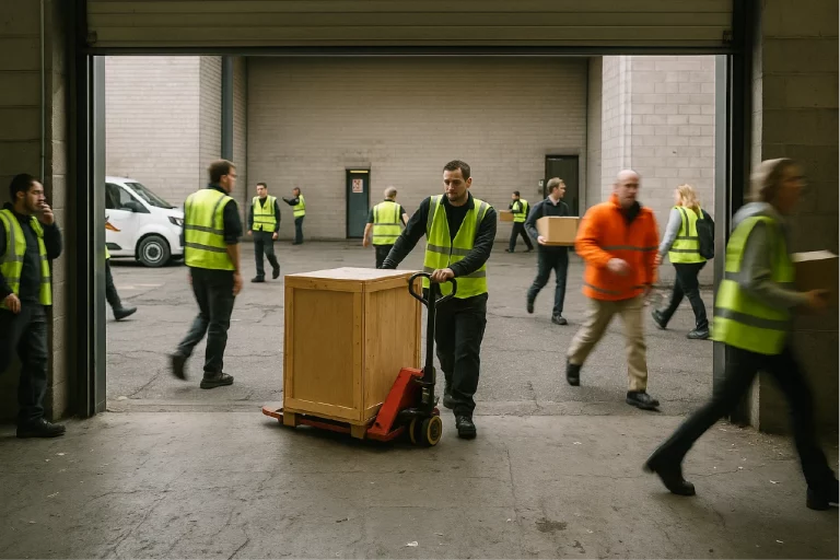 people in hi-viz vests walking around carrying things and pulling a pup truck in a expo hall
