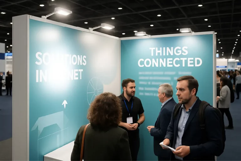people talking on a blue exhibition stand unevenly lit