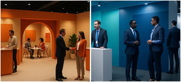 two exhibition stands in different colours